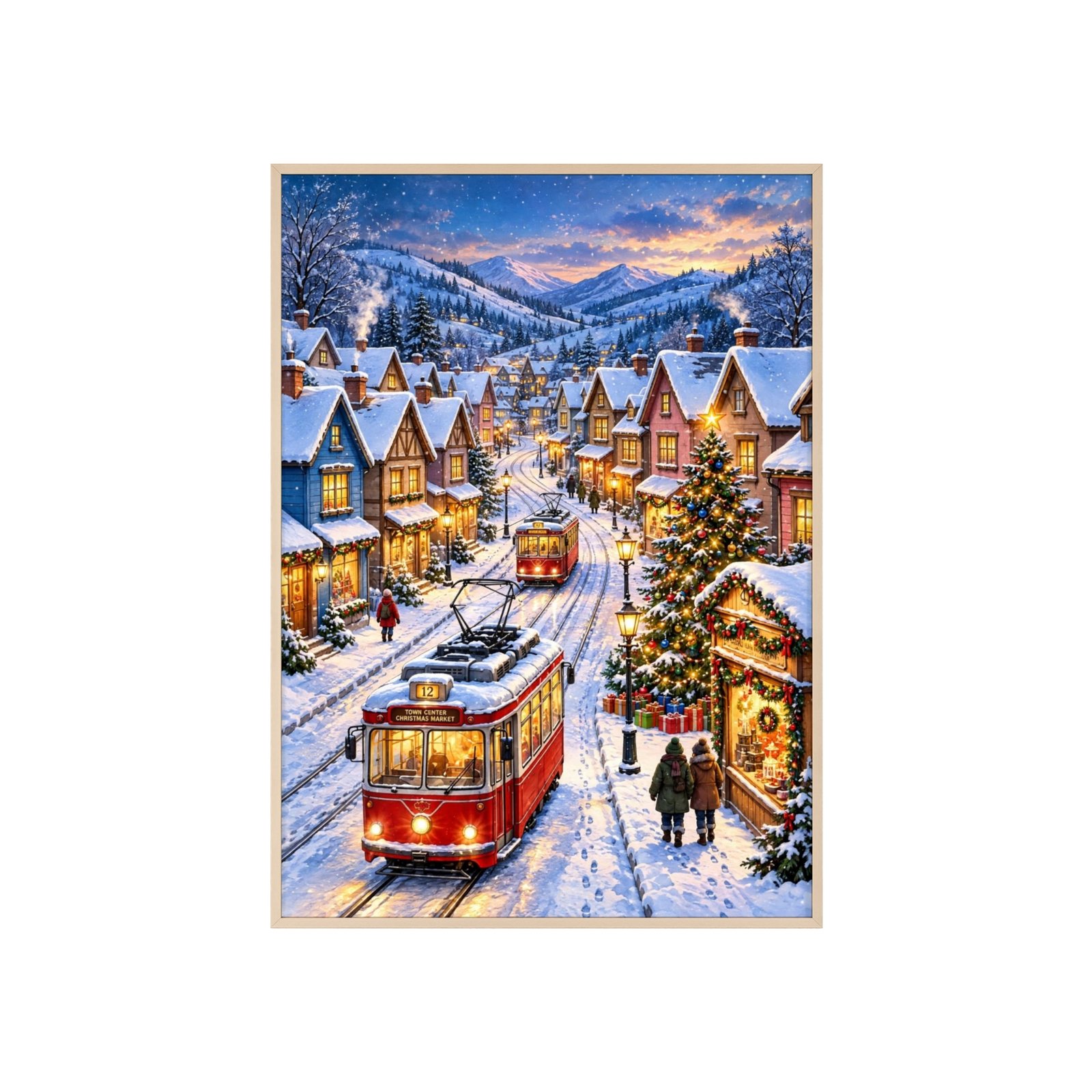 Framed Winter Village Poster — Snowy Streetcar Christmas Wall Art - Image 1