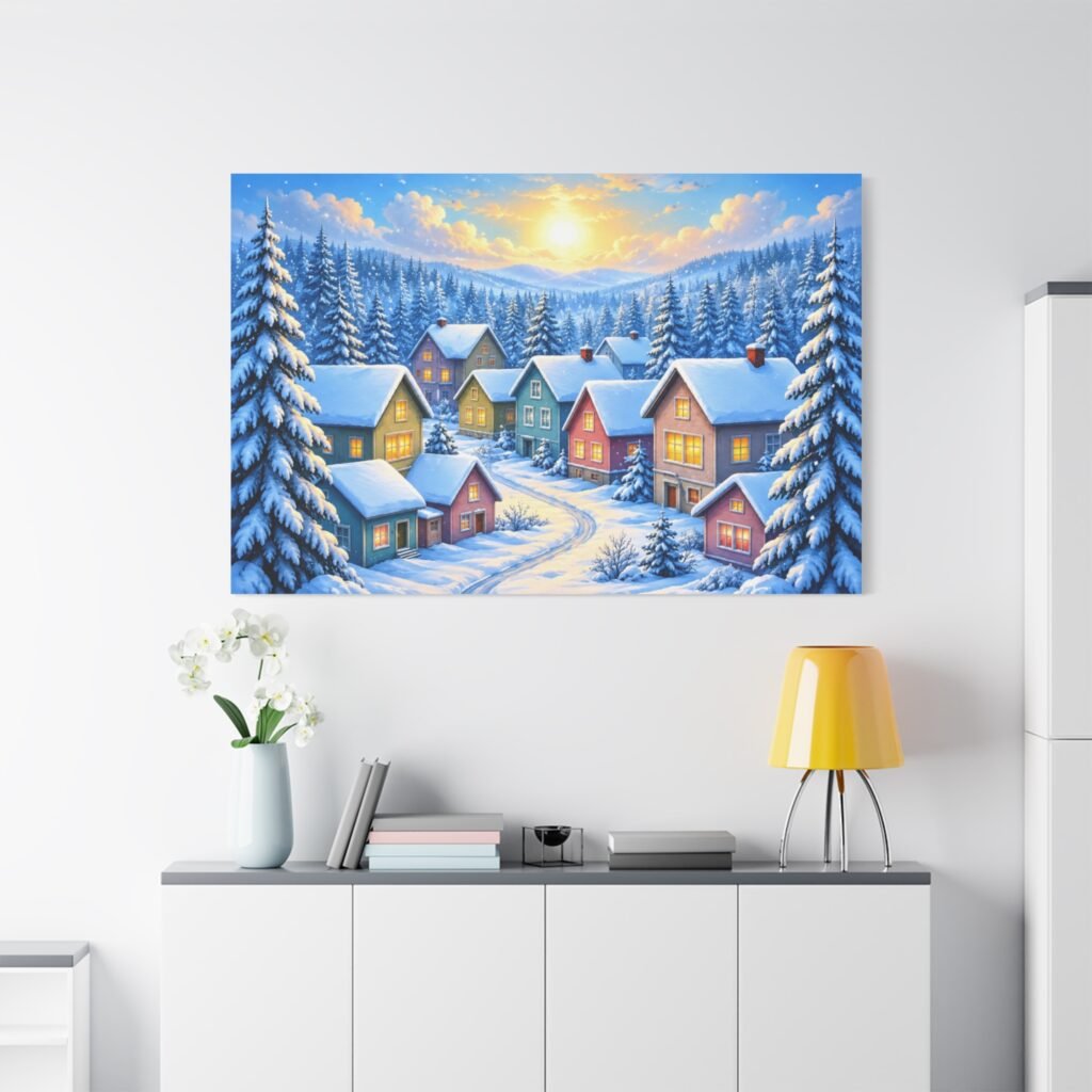Winter Village Matte Canvas Wall Art — Snowy Cabin Holiday Landscape
