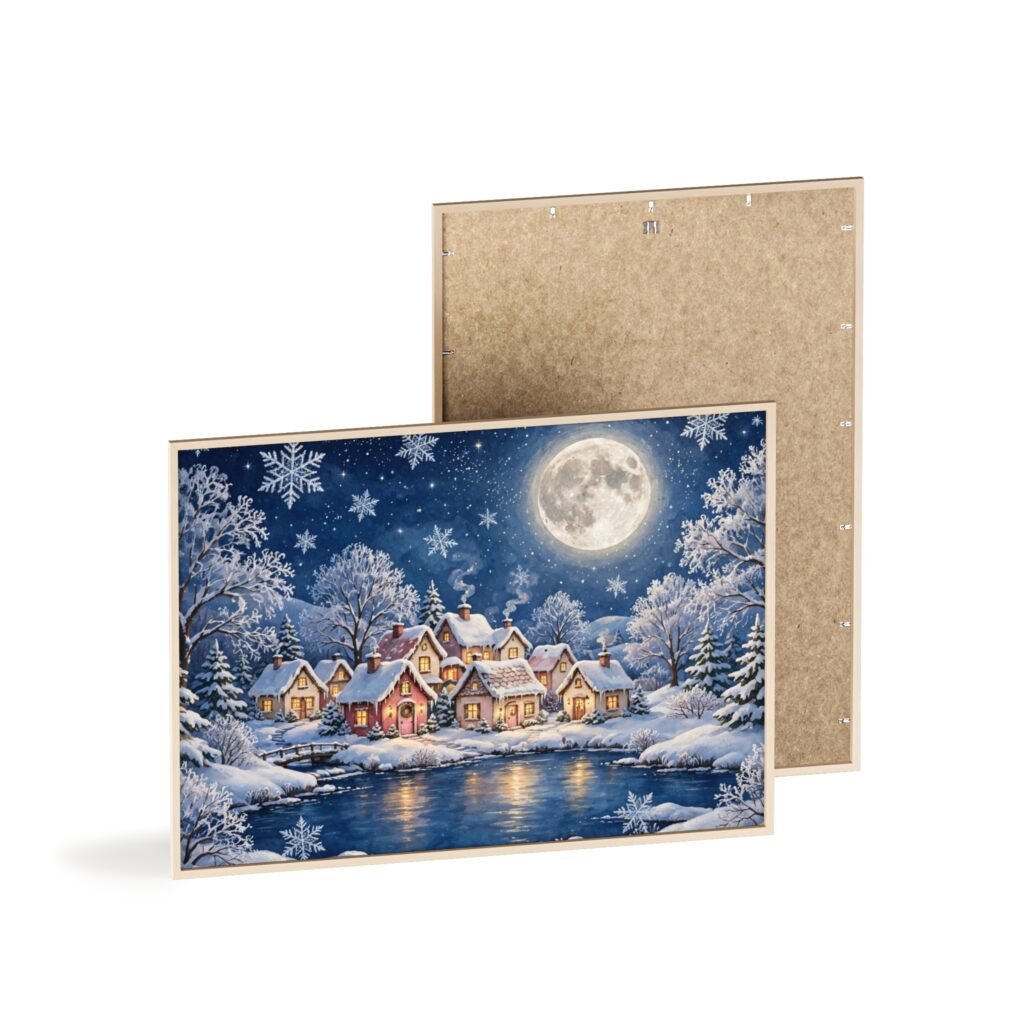 Framed Winter Village Poster — Moonlit Snowy Cottage Wall Art