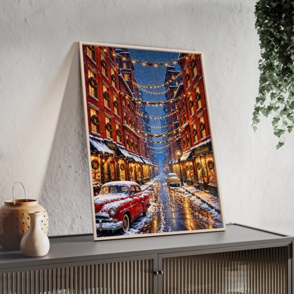 Framed Winter Street Holiday Poster — Snowy Cityscape with Vintage Car & String Lights - Image 3