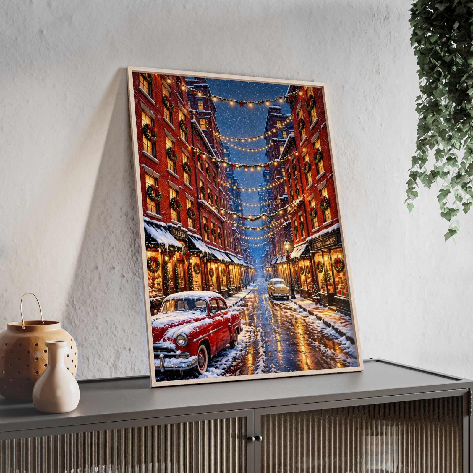 Framed Winter Street Holiday Poster — Snowy Cityscape with Vintage Car & String Lights - Image 3