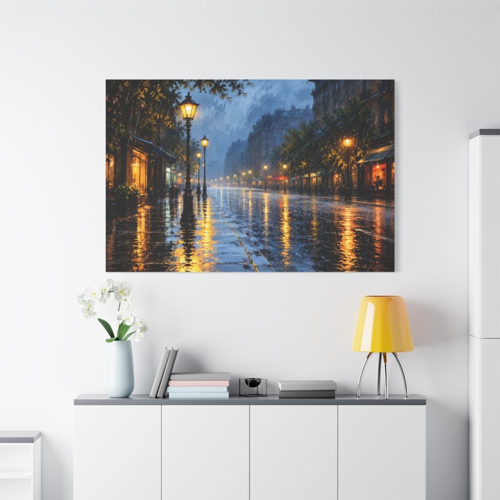 Rainy City Street Matte Canvas Print — Stretched 1.25"