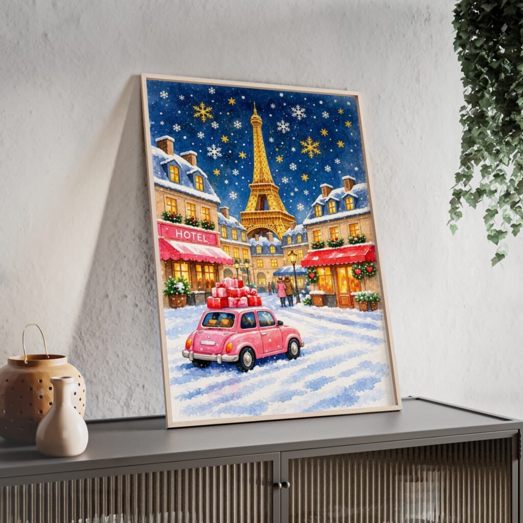 Eiffel Tower Winter Street Poster with Wooden Frame — Festive Paris Holiday Wall Art