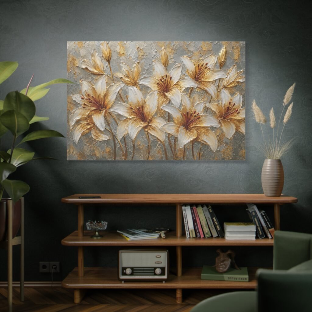 Gold and Ivory Lily Canvas Wall Art — Matte Stretched Floral Painting