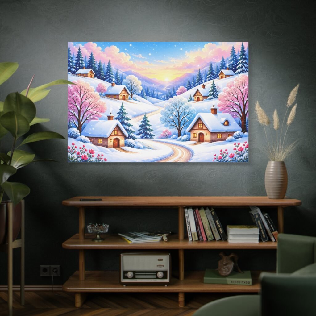 Winter Cottage Canvas Wall Art — Stretched Matte Landscape Print