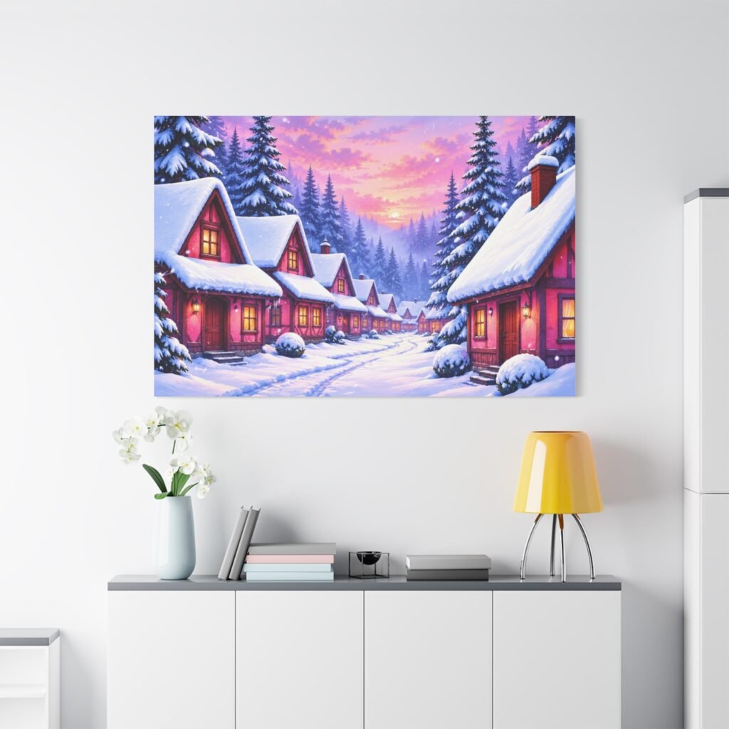 Winter Village Canvas Wall Art — Snowy Cottage Sunset Matte Stretched Print