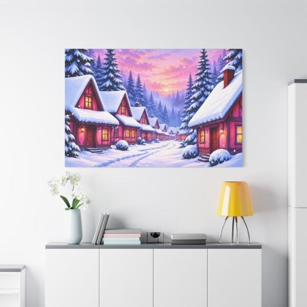 Winter Village Canvas Wall Art — Snowy Cottage Sunset Matte Stretched Print - Image 3