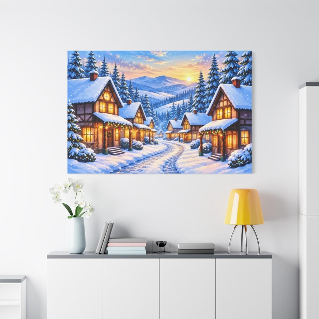 Winter Village Matte Canvas Print — Snowy Cottage Landscape Wall Art