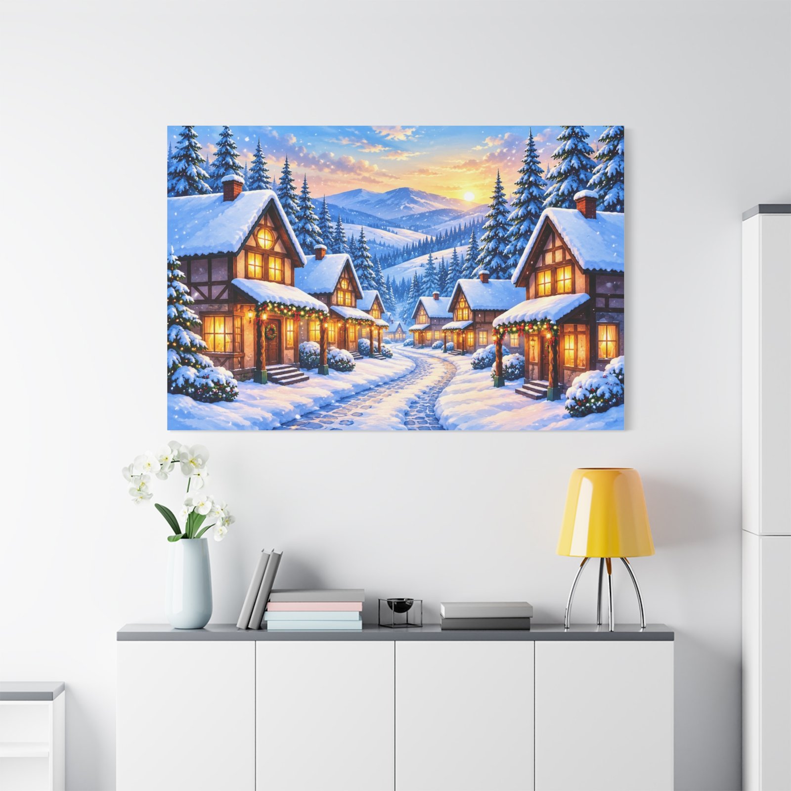 Winter Village Matte Canvas Print — Snowy Cottage Landscape Wall Art - Image 3