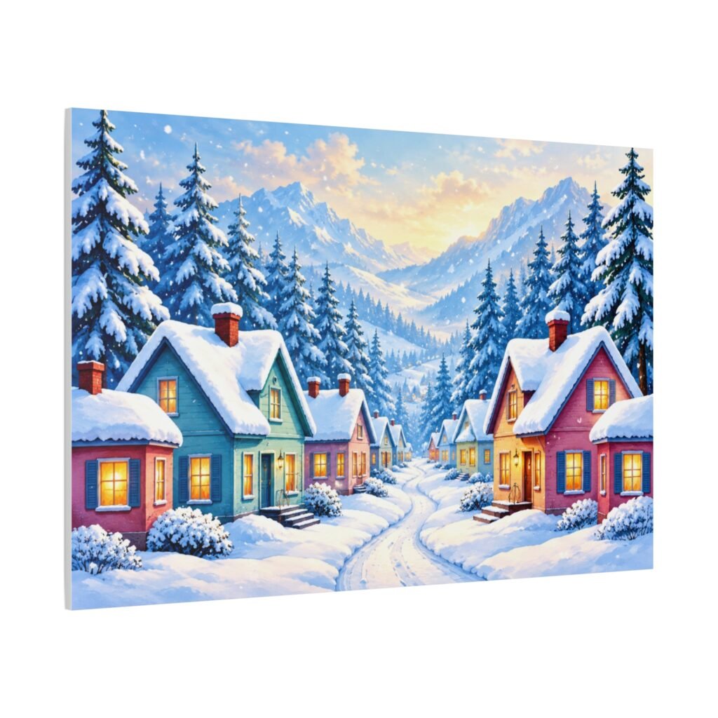 Winter Village Canvas Print — Snowy Mountain Cottage Wall Art
