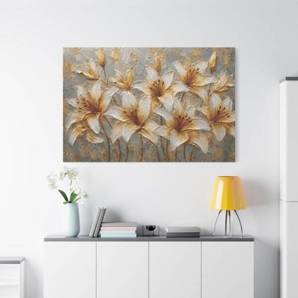 Gold and Ivory Lily Canvas Wall Art — Matte Stretched Floral Painting - Image 1