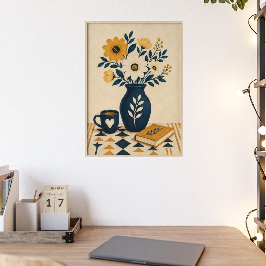 Floral Still Life Poster with Wooden Frame – Yellow & Navy Vase Print
