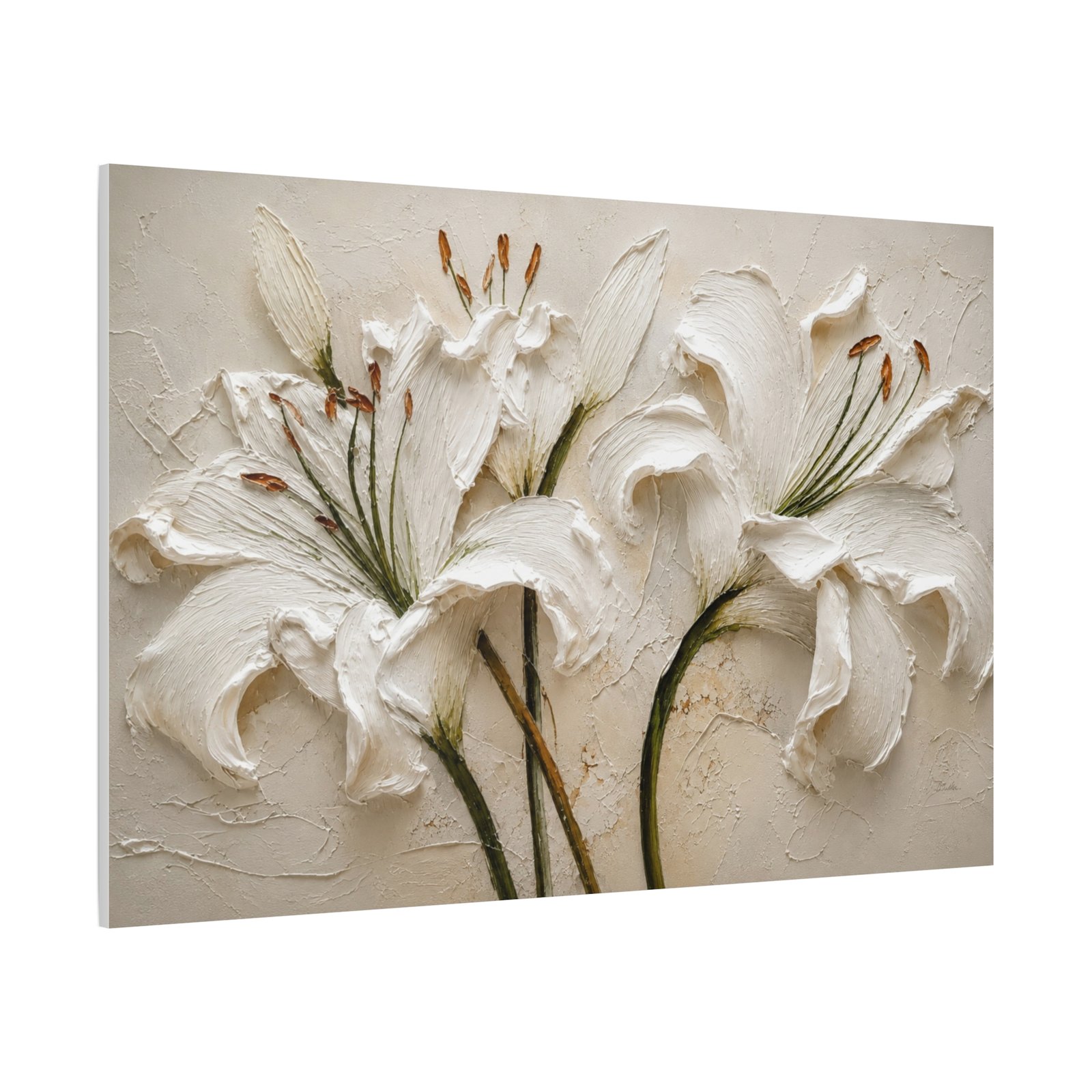 White Lily Textured Canvas Wall Art — Stretched Matte Floral Painting - Image 3