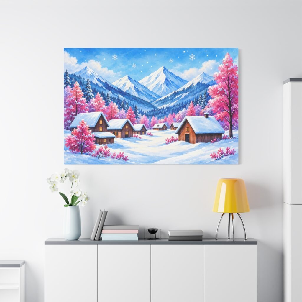Winter Cabin Canvas Wall Art — Snowy Mountain Village Matte Stretched Print