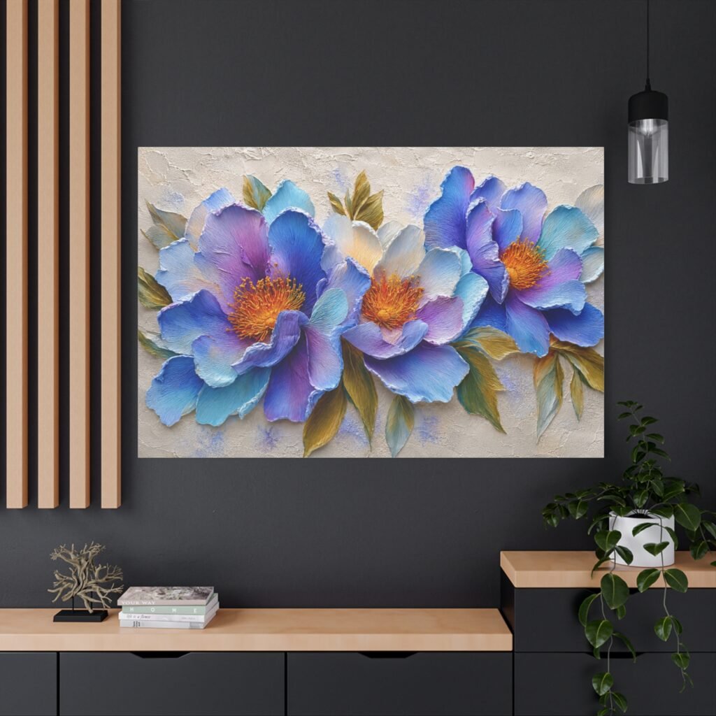 Blue Purple Peony Floral Canvas Wall Art - Matte Stretched 1.25"