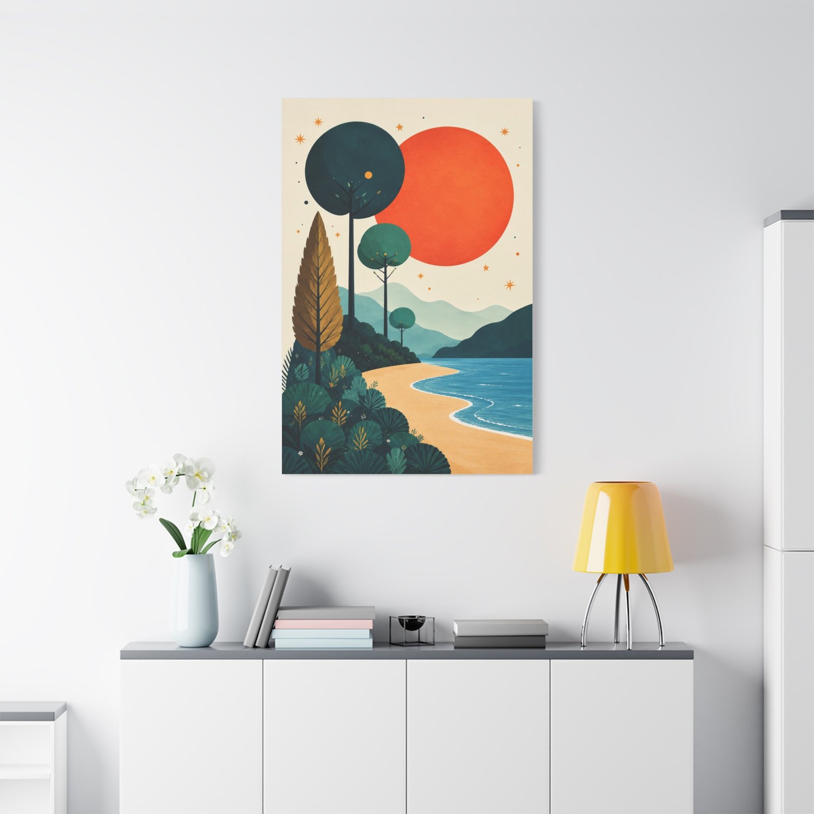 Modern Retro Sunset Beach Matte Canvas Wall Art - Image 1
