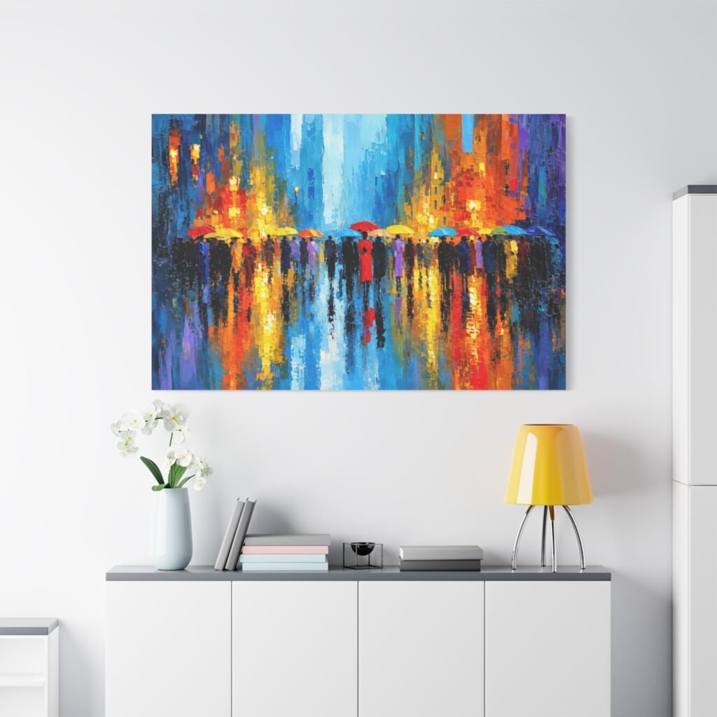 Colorful City Rainscape Matte Canvas Print — Abstract Umbrella Reflection Wall Art