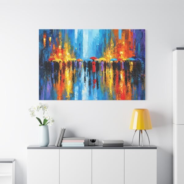 Colorful City Rainscape Matte Canvas Print — Abstract Umbrella Reflection Wall Art - Image 3