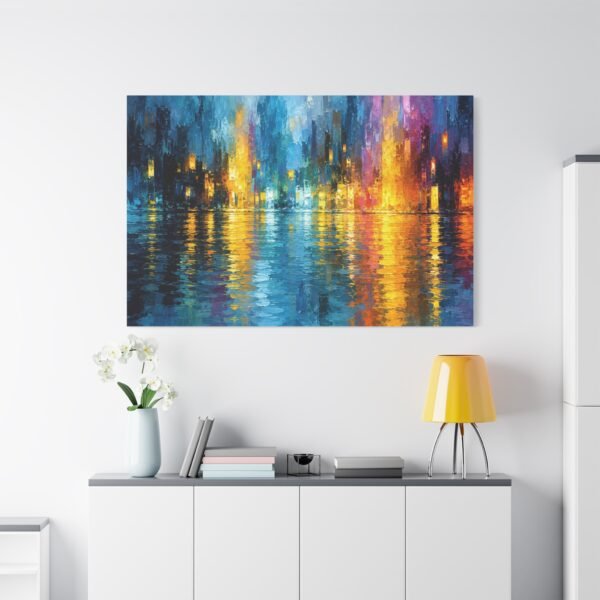 Abstract City Nightscape Canvas Print — Colorful Reflections Matte Stretched Wall Art - Image 2