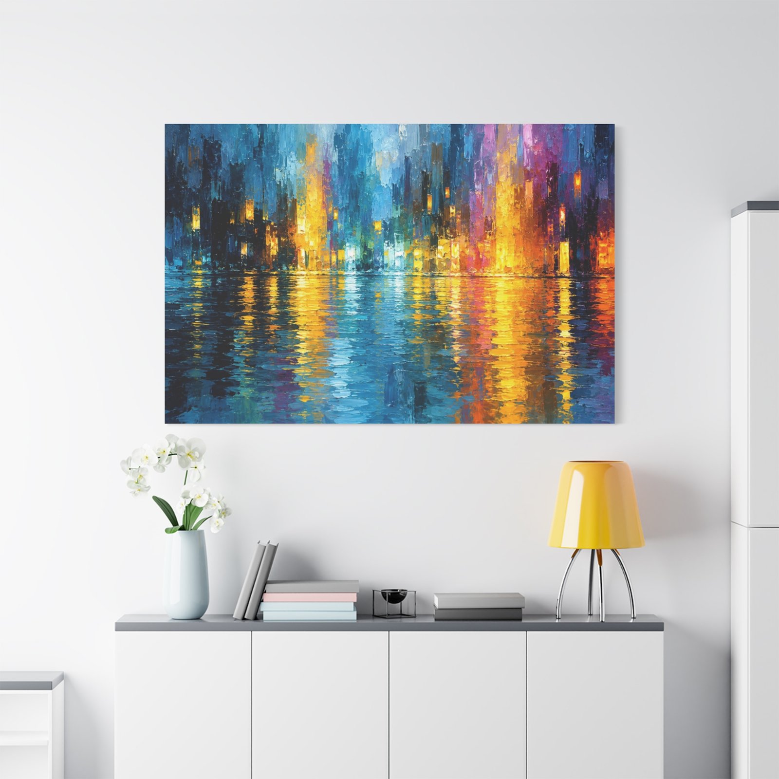 Abstract City Nightscape Canvas Print — Colorful Reflections Matte Stretched Wall Art - Image 2