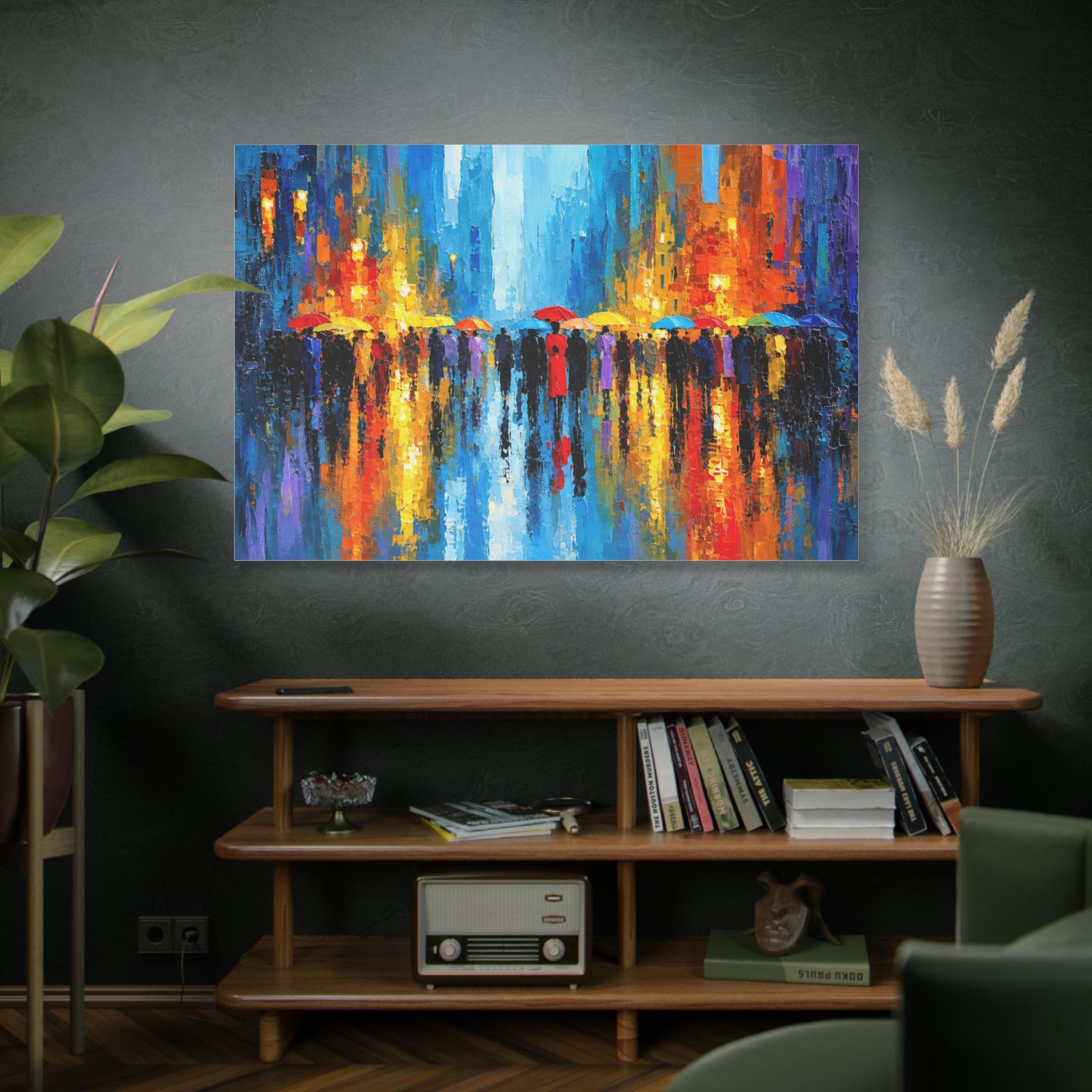 Colorful City Rainscape Matte Canvas Print — Abstract Umbrella Reflection Wall Art - Image 5