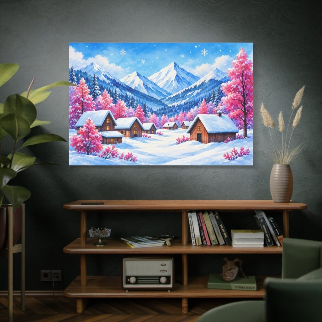 Winter Cabin Canvas Wall Art — Snowy Mountain Village Matte Stretched Print