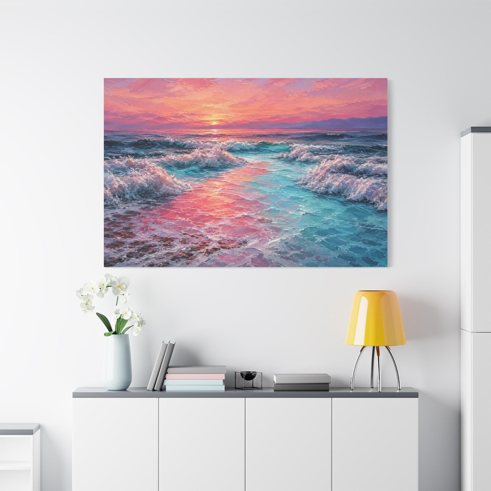 Sunset Ocean Canvas Print — Pink & Teal Seascape Matte Stretched Wall Art - Image 3