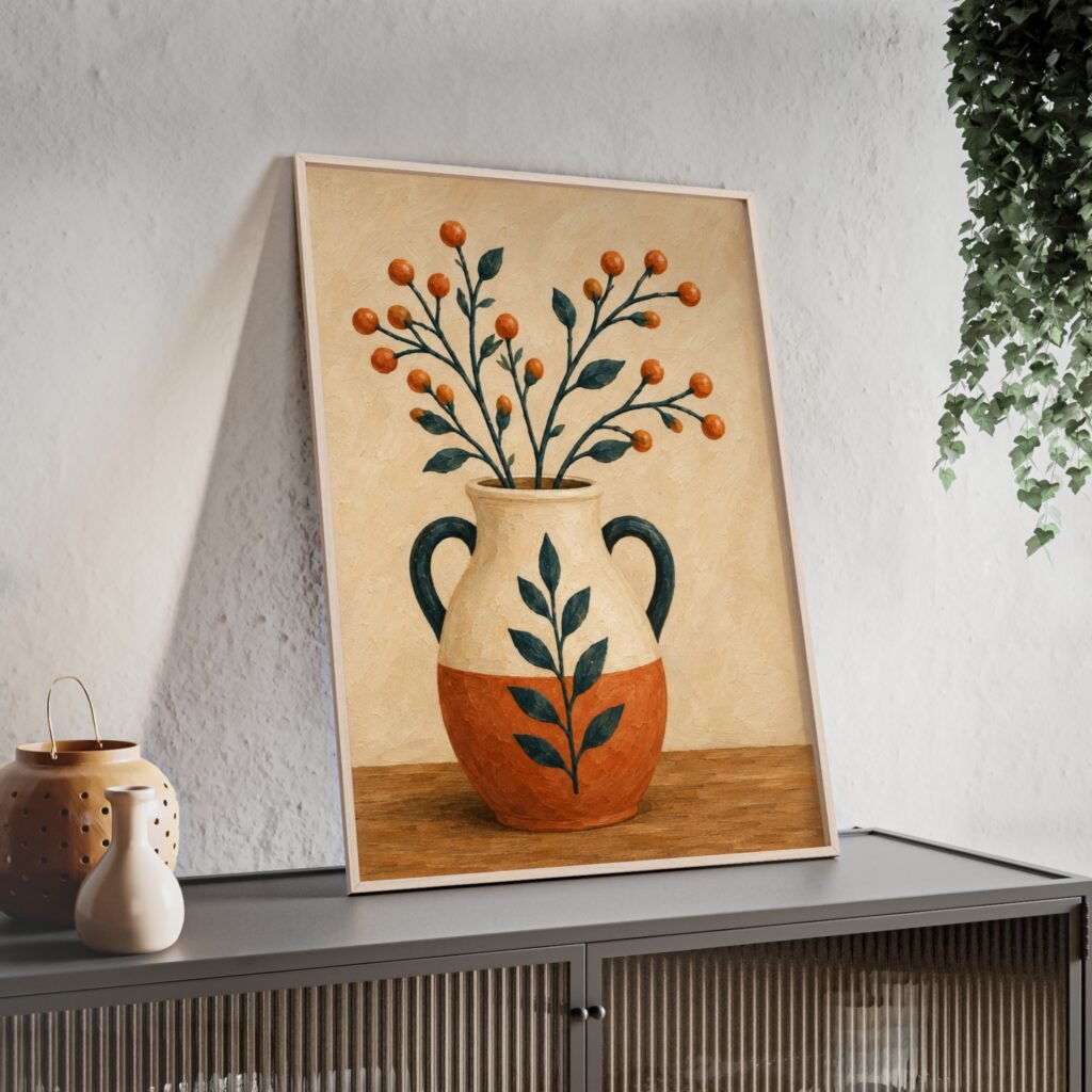 Botanical Vase Poster with Wooden Frame — Rustic Floral Wall Art Print