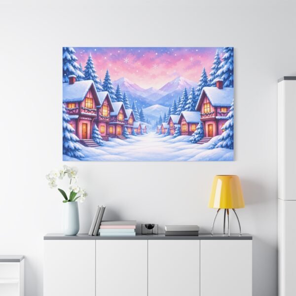 Winter Village Canvas Wall Art — Cozy Snowy Cabin Landscape Matte Stretched Print - Image 3
