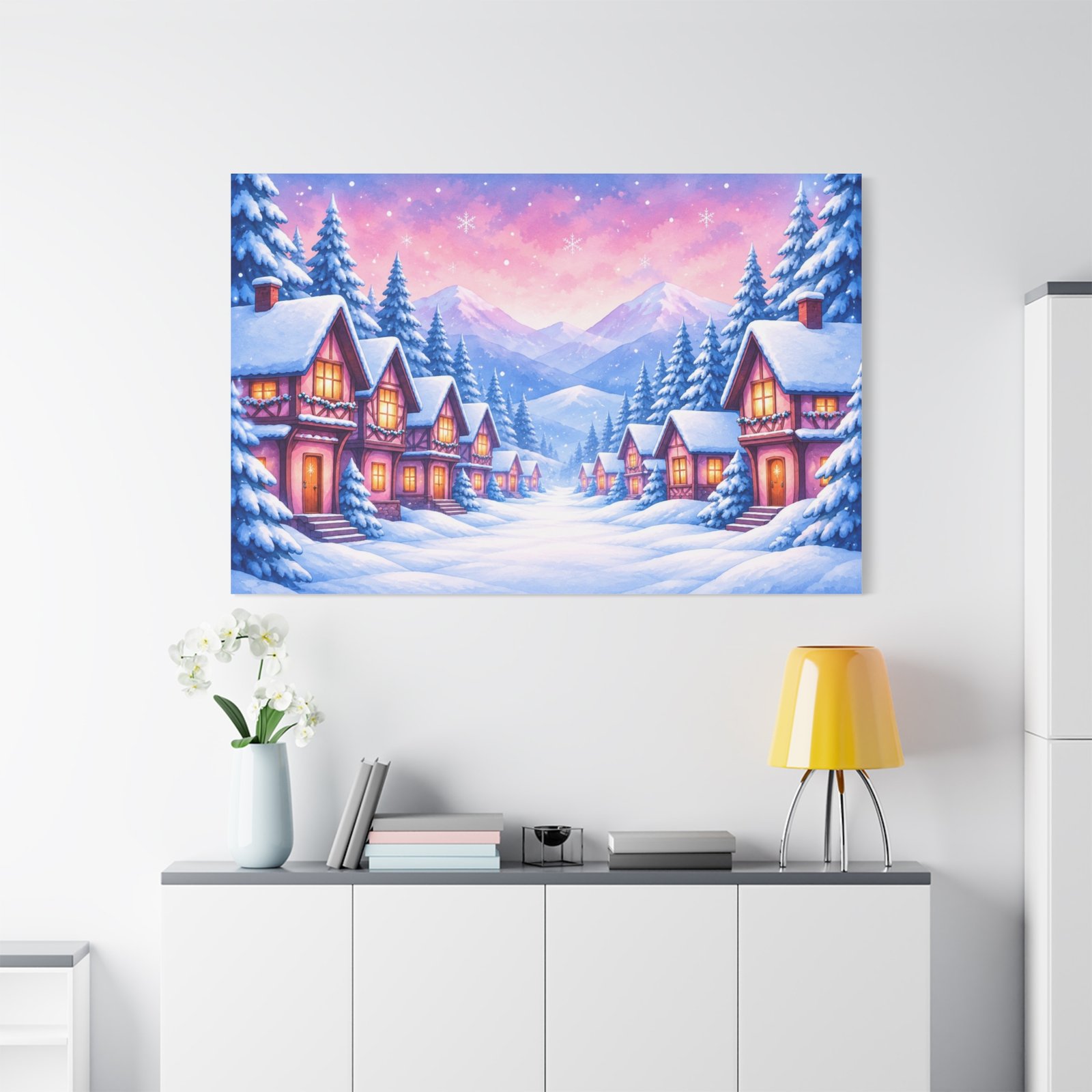 Winter Village Canvas Wall Art — Cozy Snowy Cabin Landscape Matte Stretched Print - Image 3