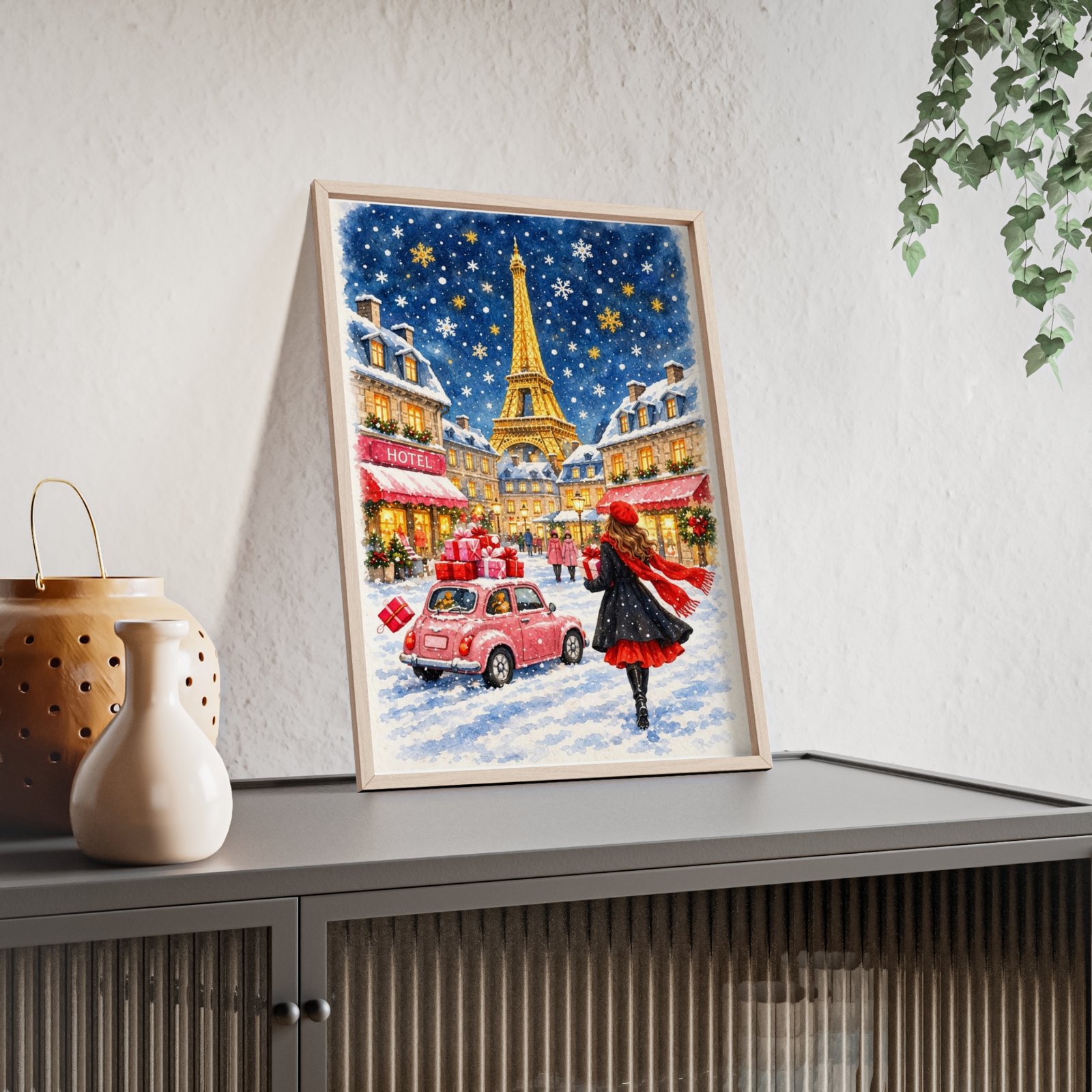 Paris Winter Holiday Poster with Wooden Frame — Eiffel Tower Christmas Street Scene - Image 83