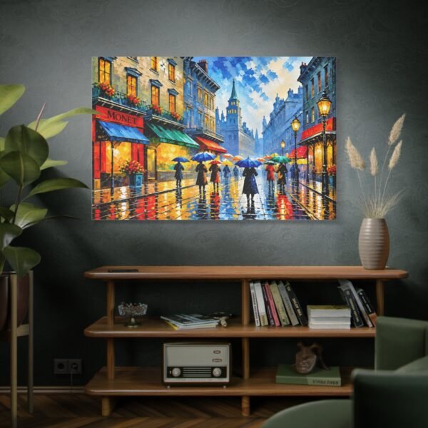 City Rain Street Canvas Wall Art – Colorful Impressionist Umbrella Scene, Matte Stretched Print - Image 5