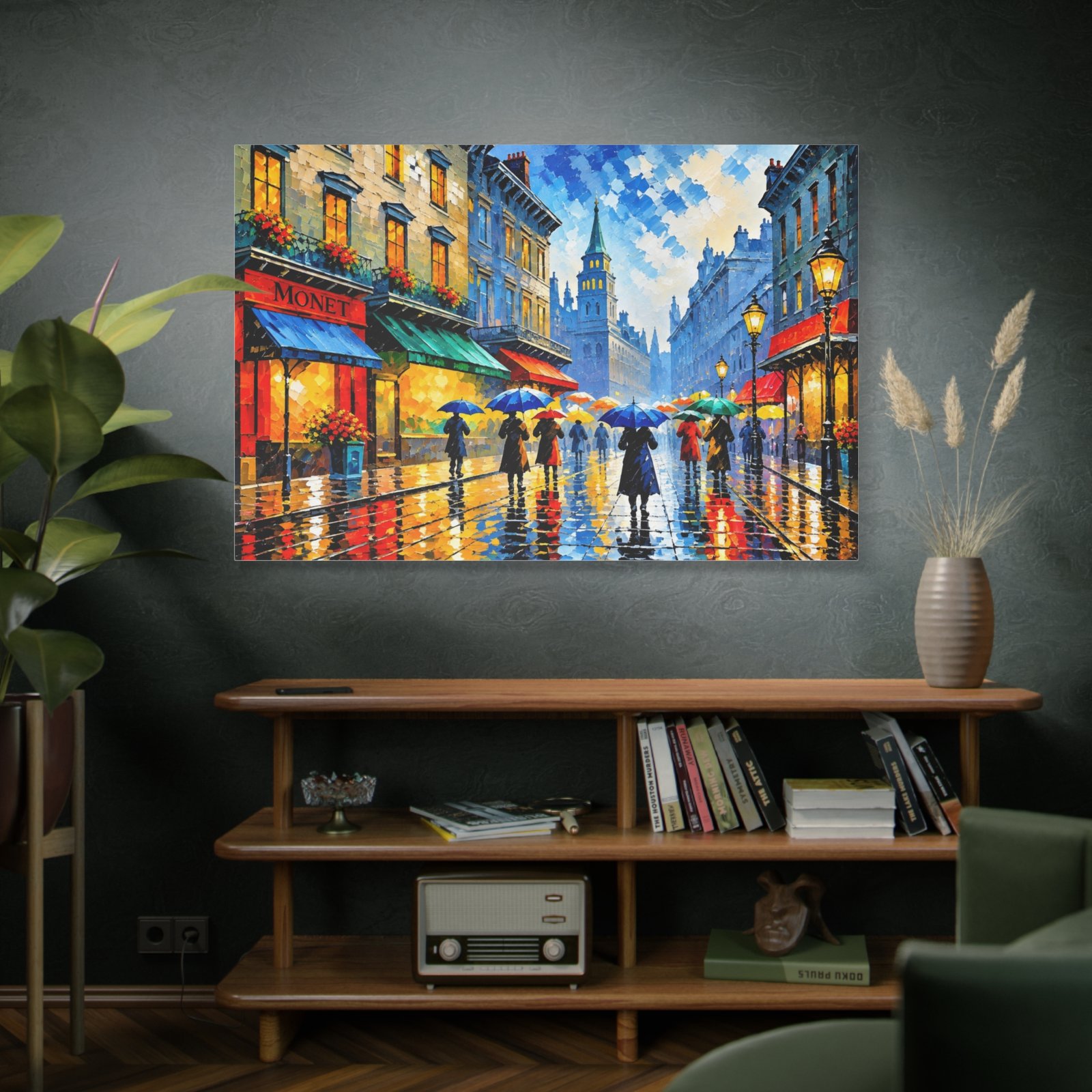 City Rain Street Canvas Wall Art – Colorful Impressionist Umbrella Scene, Matte Stretched Print - Image 5