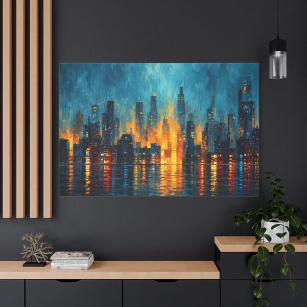 City Lights Abstract Matte Canvas Print — Blue & Amber Skyline Wall Art, Stretched 1.25" - Image 4