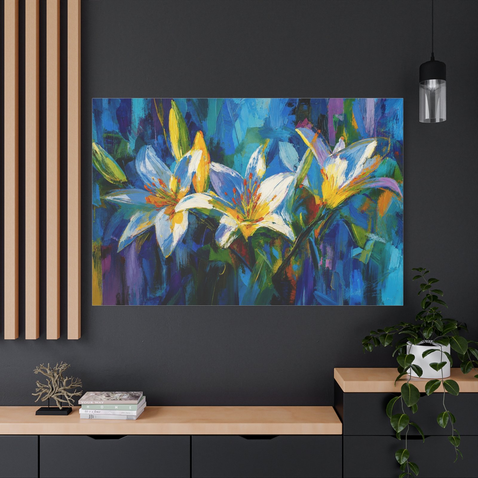 Blue & Gold Lily Abstract Wall Art Printable | Matte Stretched Wall Art - Image 4