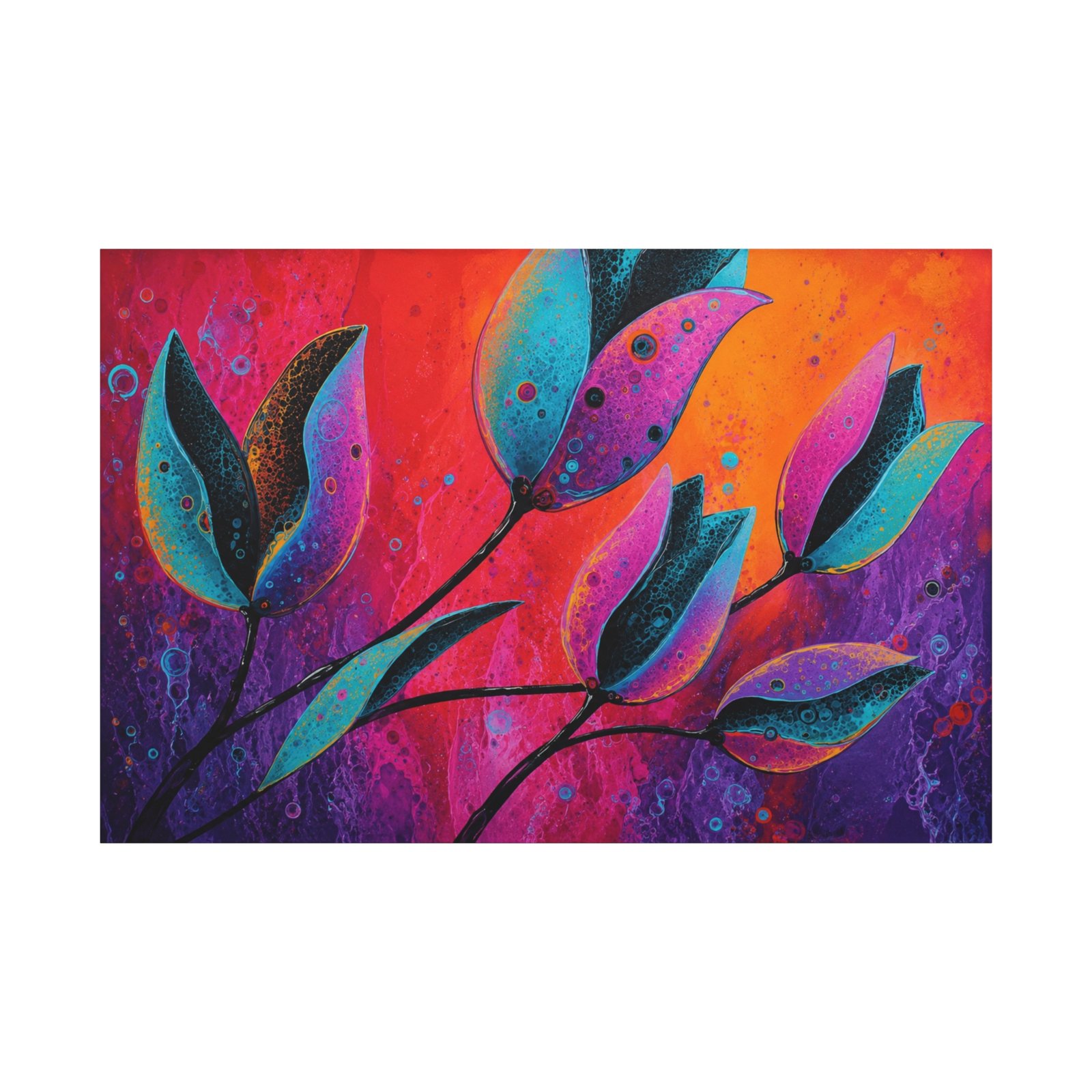 Abstract Floral Canvas Print — Vibrant Teal & Fuchsia Leaves on Sunset Background - Image 2