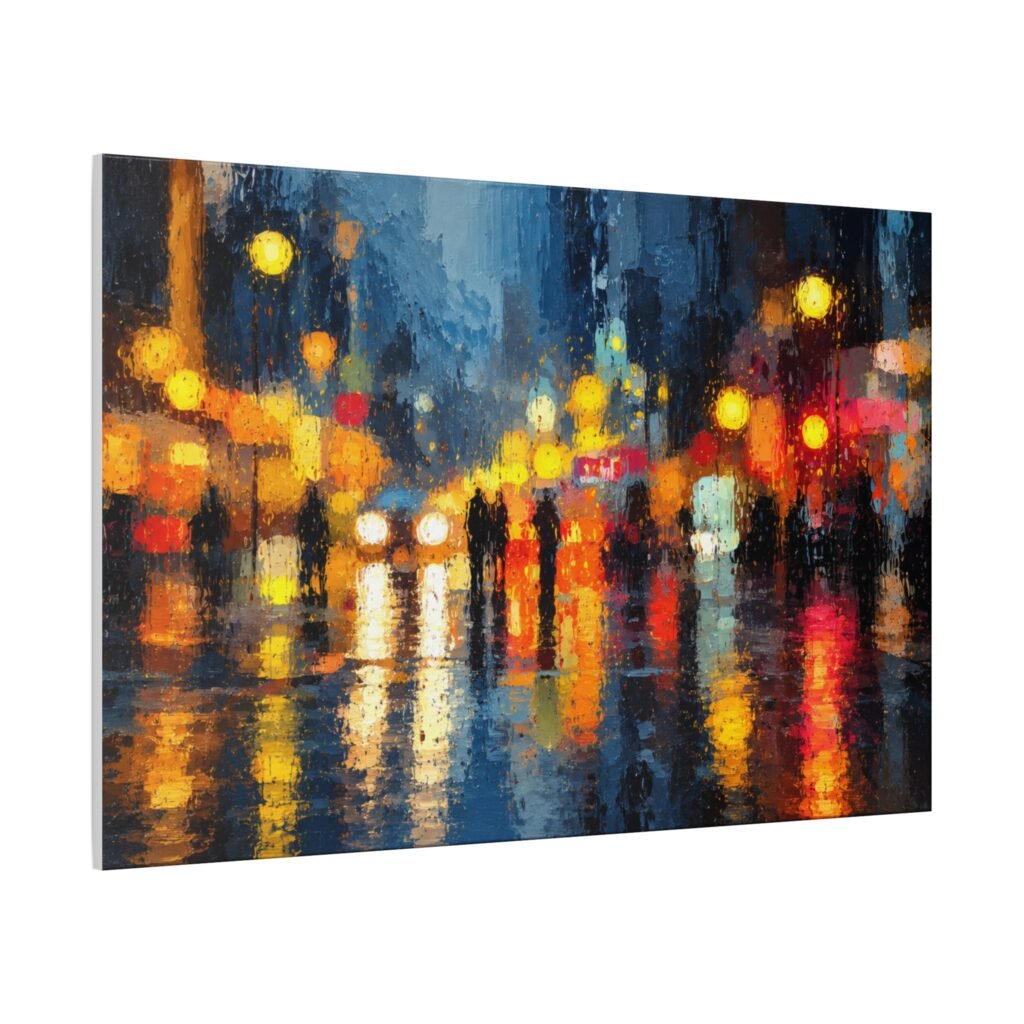 City Night Rainscape Matte Canvas Wall Art — Abstract Urban Street Lights Painting