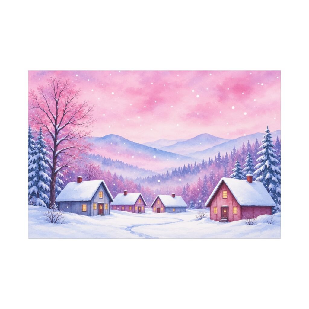 Winter Village Canvas Print – Pink Snowy Landscape Matte Stretched Wall Art