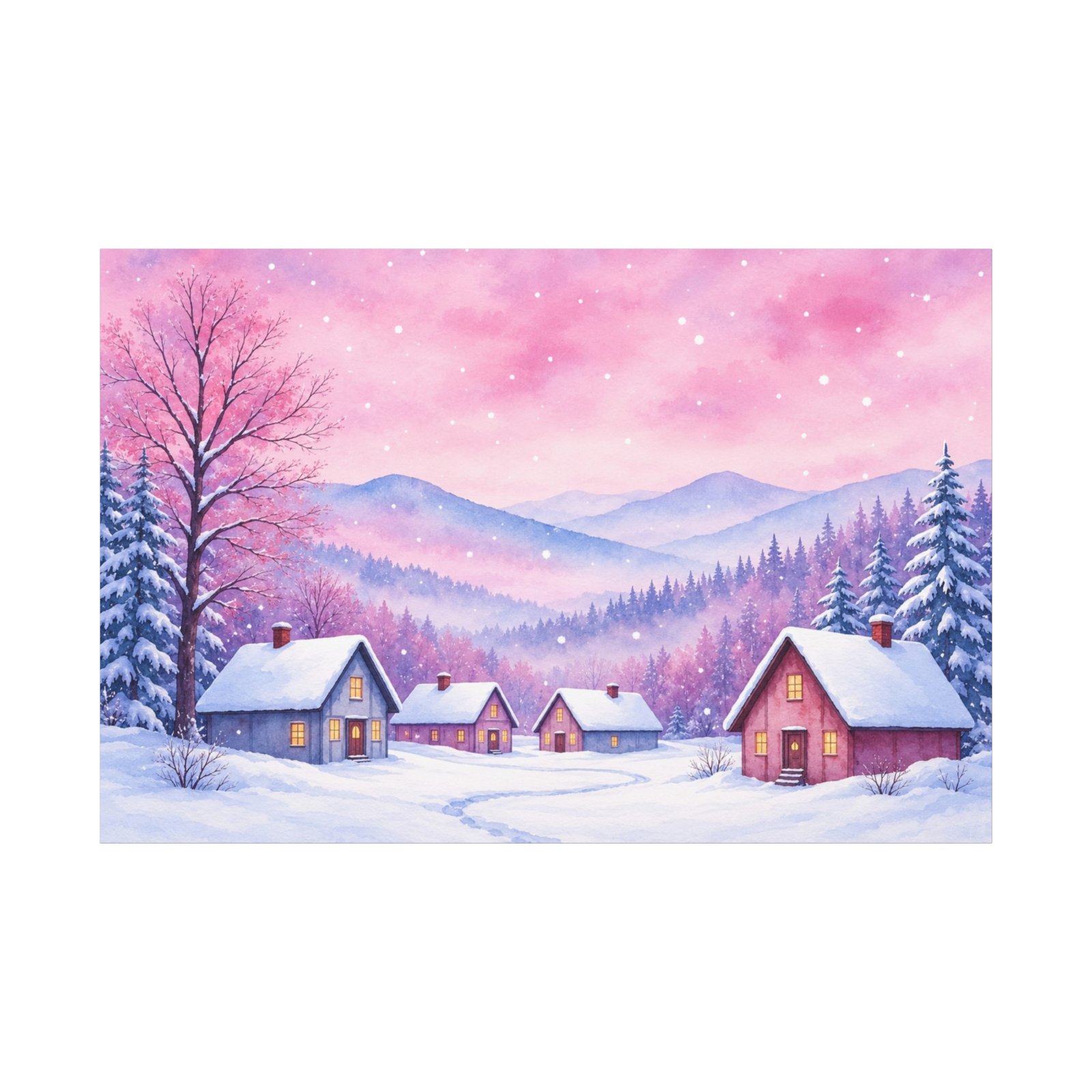 Winter Village Canvas Print – Pink Snowy Landscape Matte Stretched Wall Art - Image 1