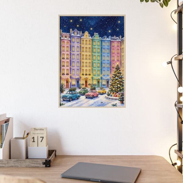 Framed Holiday Street Poster — Colorful Snowy Town Christmas Wall Art - Image 2
