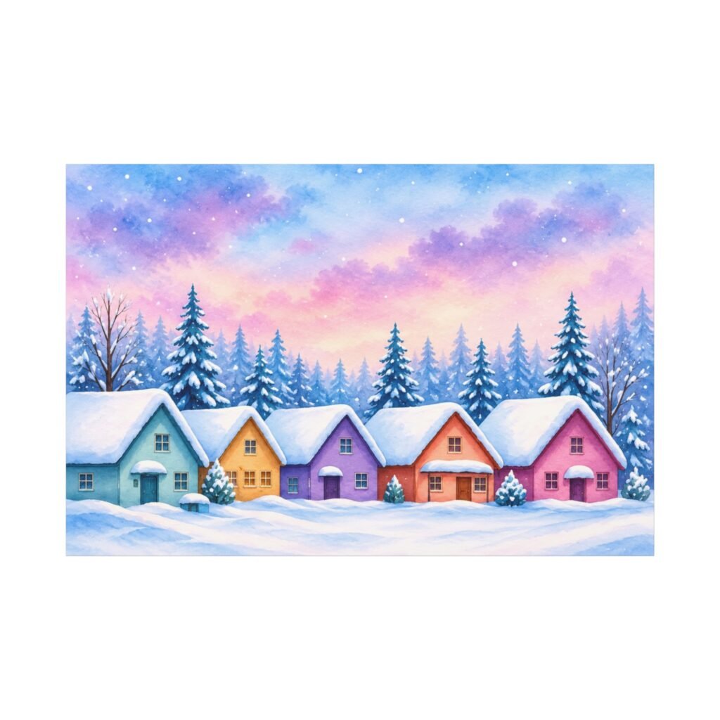 Winter Village Canvas Wall Art — Colorful Snowy Houses Matte Stretched Print