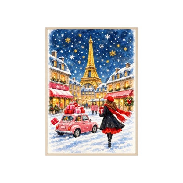 Paris Winter Holiday Poster with Wooden Frame — Eiffel Tower Christmas Street Scene - Image 57