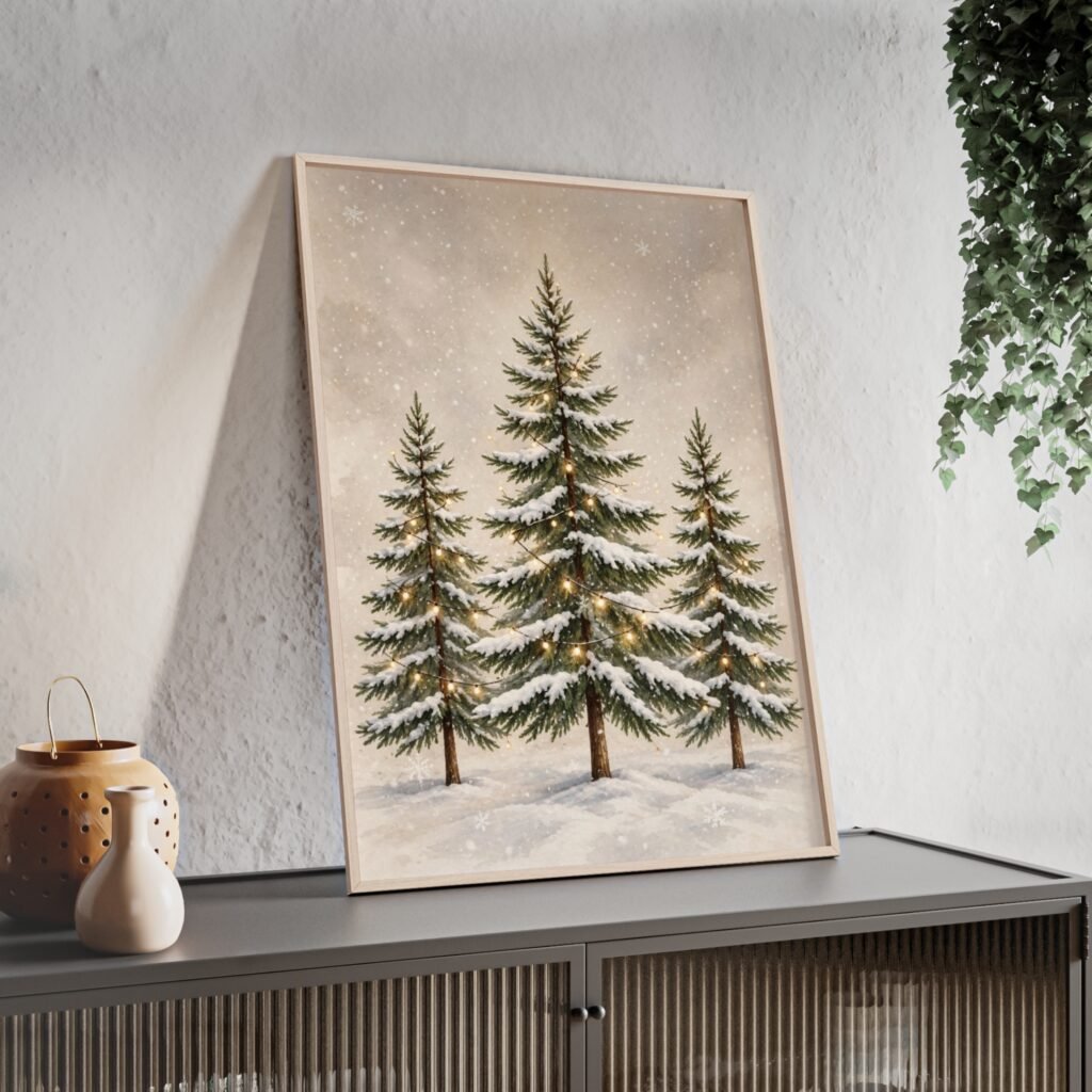 Framed Winter Pines Poster — Snowy Christmas Tree Wall Art