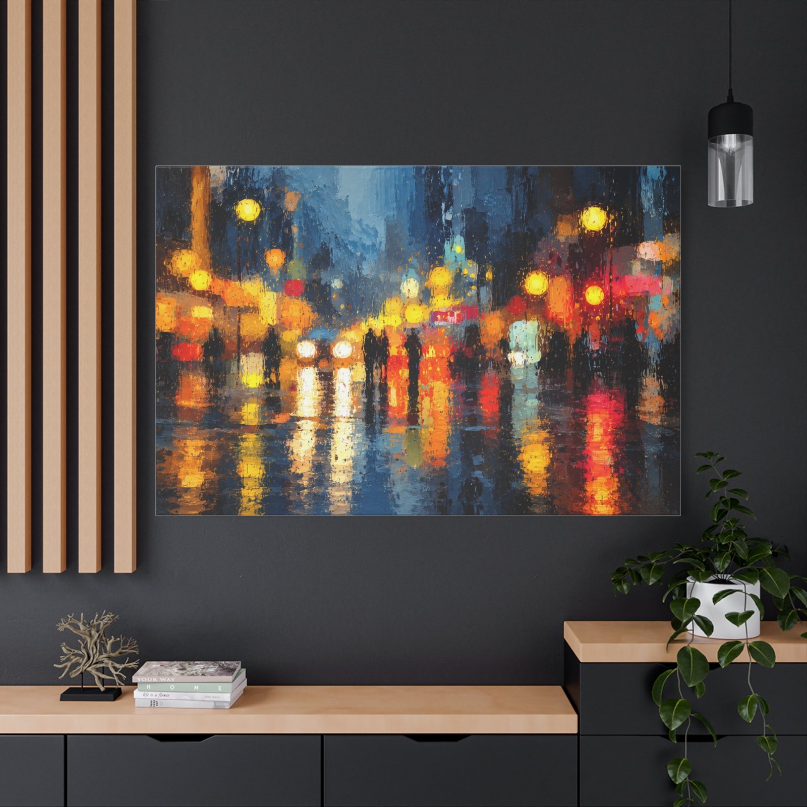City Night Rainscape Matte Canvas Wall Art — Abstract Urban Street Lights Painting - Image 4
