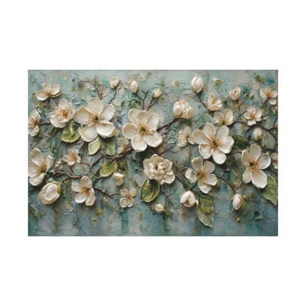 Floral Relief Canvas Wall Art — Cream Blossoms on Teal Matte Stretched Canvas - Image 2