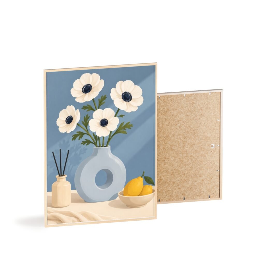 Framed Botanical Poster — White Anemone Vase Wall Art (Wooden Frame)