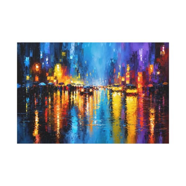 City Lights Rainy Night Matte Canvas Wall Art — Vibrant Urban Landscape Painting - Image 1