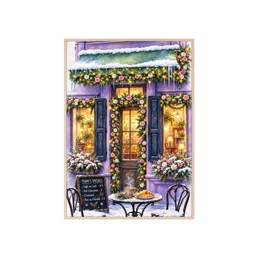 Winter Café Framed Poster — Cozy Snowy Bistro Wall Art