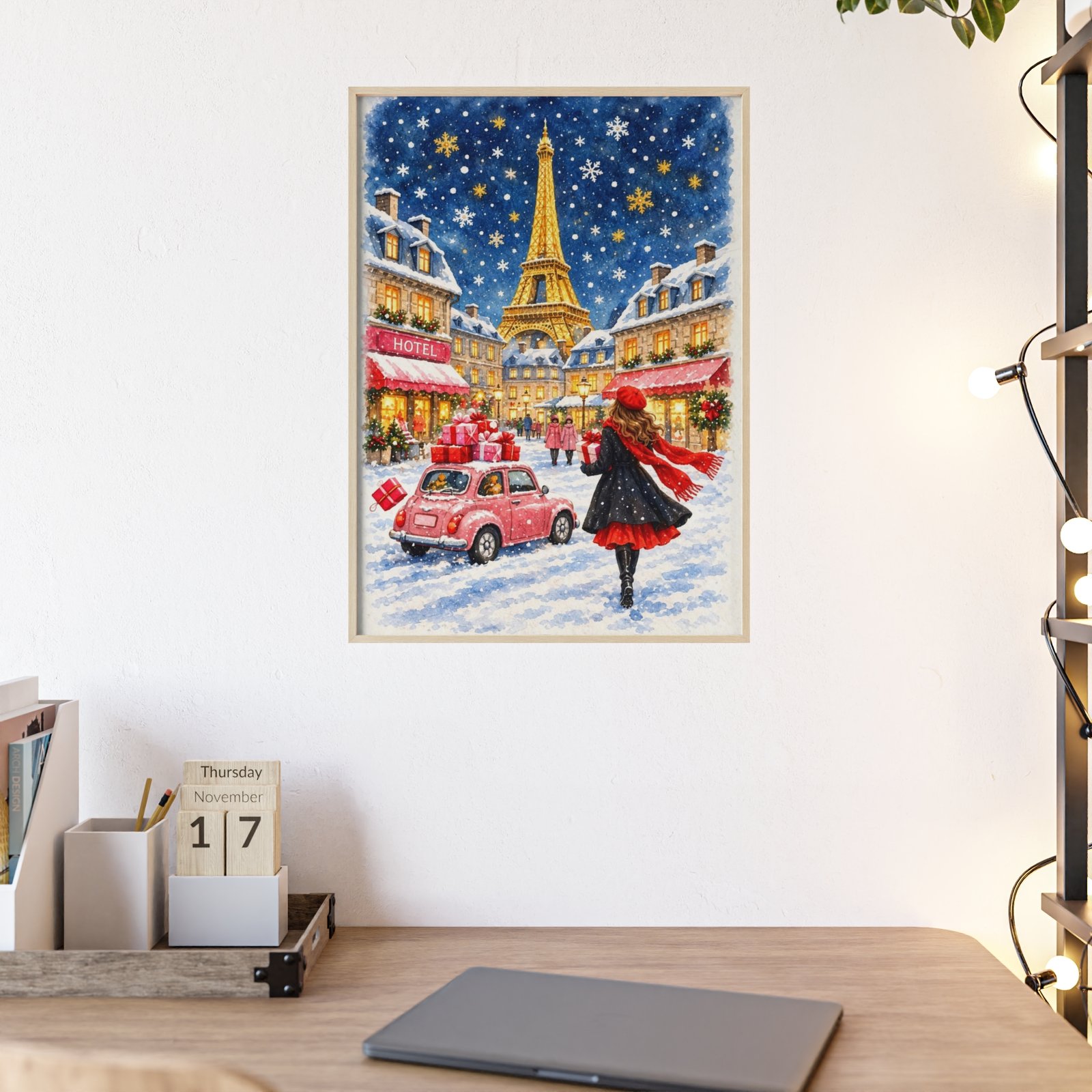 Paris Winter Holiday Poster with Wooden Frame — Eiffel Tower Christmas Street Scene - Image 60