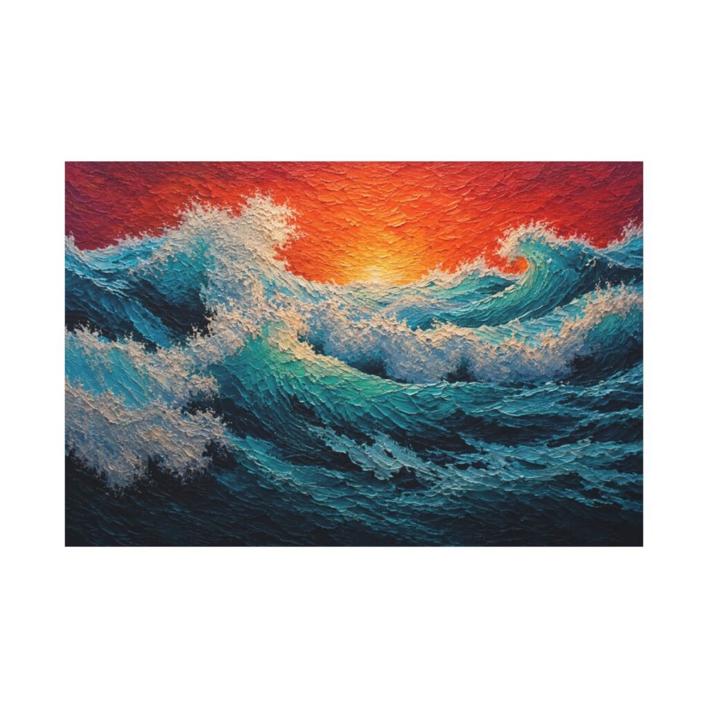 Sunset Ocean Waves Matte Canvas Wall Art (Stretched)